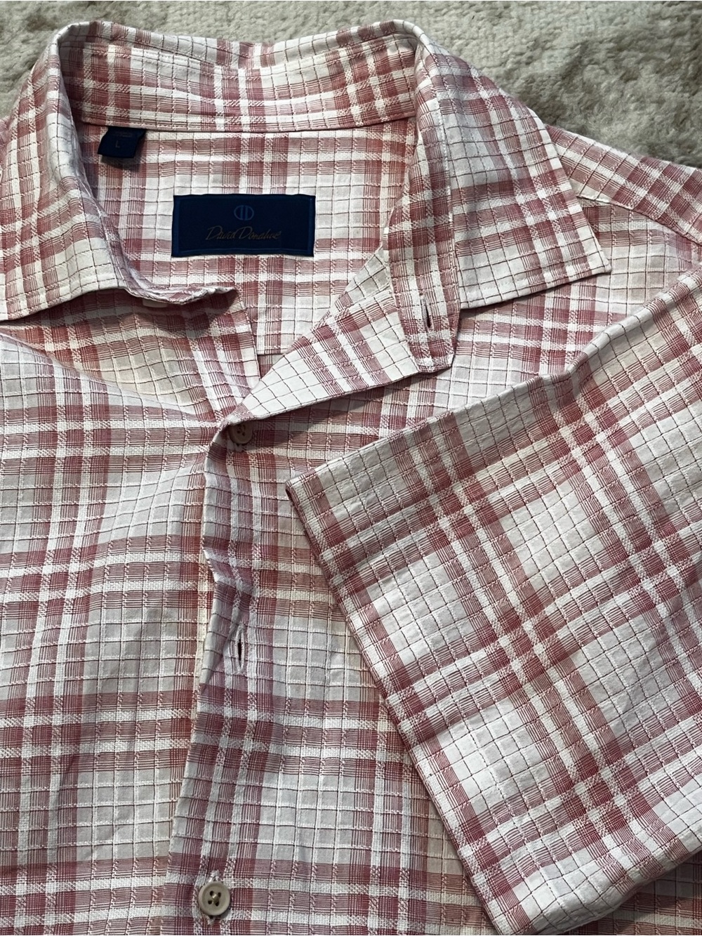 David Donahue Mens Large Pink White Plaid Seersucker Short Sleeve Button Up